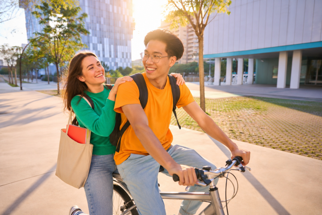 Studenti che raggiungono l'università in bicicletta da Unicaland.